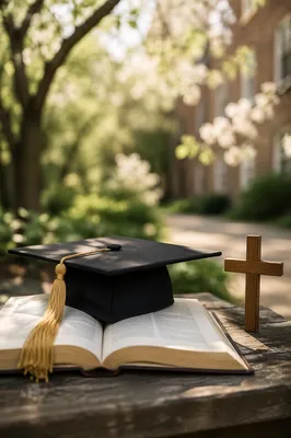 Graduation Cap on Bible with Wooden Cross