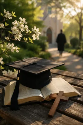 Graduation Cap on Bible with Wooden Cross