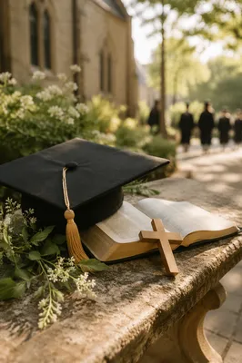 Graduation Cap on Bible with Wooden Cross