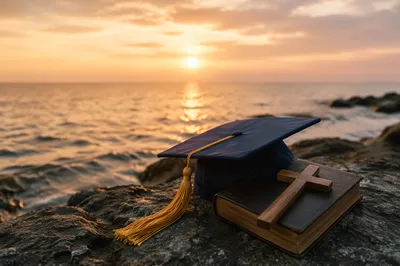 Graduation Cap Bible Cross at Sunset
