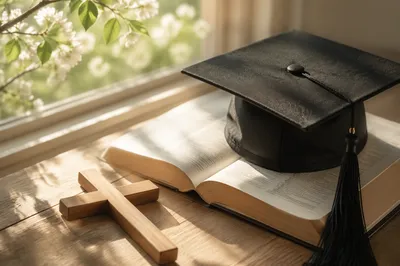 Graduation Cap on Bible with Wooden Cross