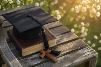 Graduation Cap on Bible with Cross