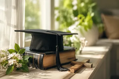 Graduation Cap on Bible with Wooden Cross