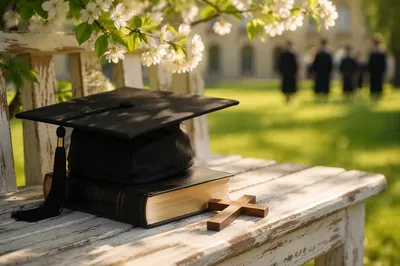 Graduation Cap on Bible with Wooden Cross