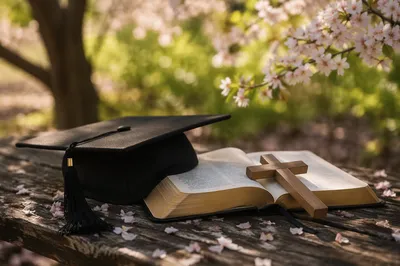 Graduation Cap Bible and Cross in Spring