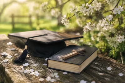 Spring Graduation Cap Bible and Wooden Cross