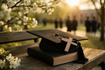 Christian Graduation Cap with Bible and Cross