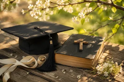 Christian Graduation Cap with Bible and Cross