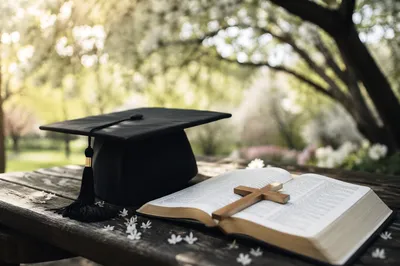 Graduation Cap Bible and Cross in Spring