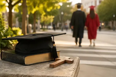 Graduation Cap on Bible with Cross