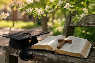 Graduation Cap Beside Bible and Cross