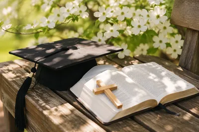 Graduation Cap Bible and Wooden Cross