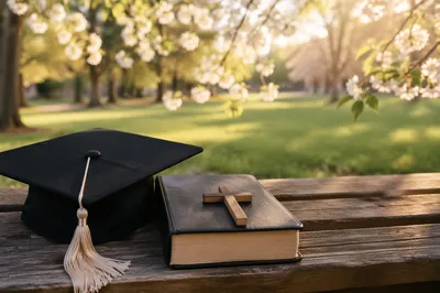 Graduation Cap Bible and Wooden Cross