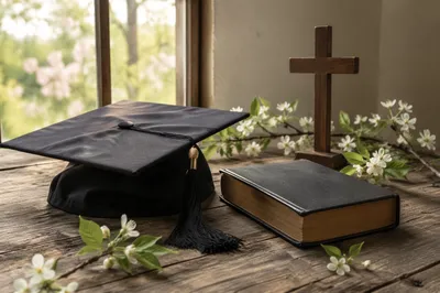 Graduation Cap Bible and Wooden Cross