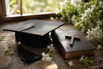 Graduation Cap Bible and Wooden Cross