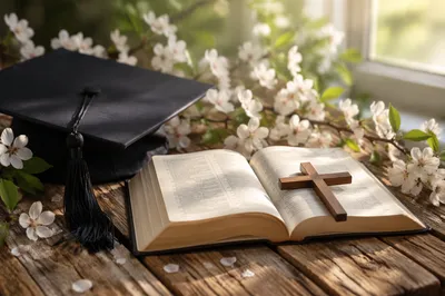 Graduation Cap Bible and Wooden Cross