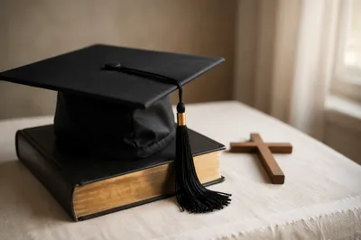 Christian Graduation Cap on Bible with Cross