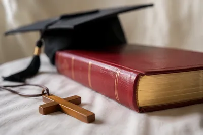 Christian Graduation Cap with Bible and Cross