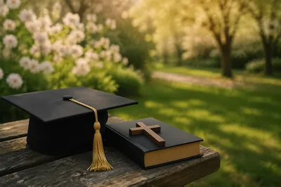 Graduation Cap Bible and Cross in Spring Garden