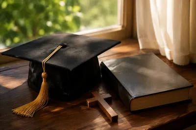 Graduation Cap Bible and Wooden Cross