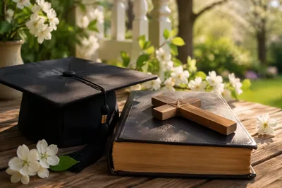 Graduation Cap Bible and Wooden Cross