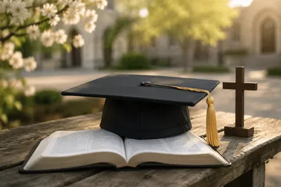 Graduation Cap on Bible with Wooden Cross