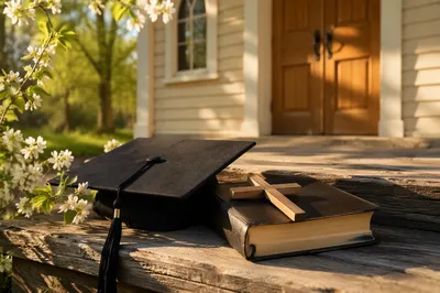 Graduation Cap Bible and Cross at Chapel