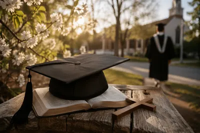 Graduation Cap on Bible in Spring Garden