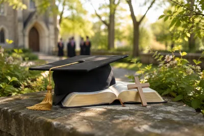 Graduation Cap on Bible with Wooden Cross
