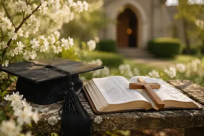 Graduation Cap Bible and Cross in Spring Garden