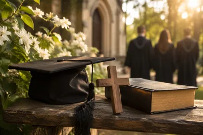 Graduation Cap with Bible and Wooden Cross