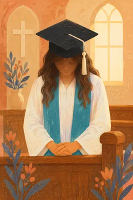 Graduate Prayer in Sunlit Chapel Portrait