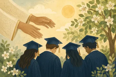 Graduation Sunday Prayer Blessing in Spring Courtyard