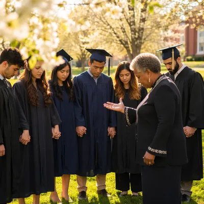 Graduates Praying on Spring Lawn