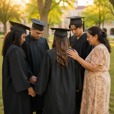 Graduates Praying on Campus Lawn