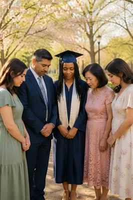 Graduates and Family Praying in Spring Park