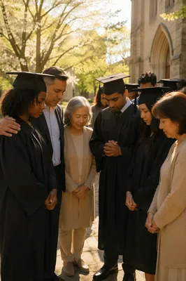 Graduates Praying in Spring Church Courtyard