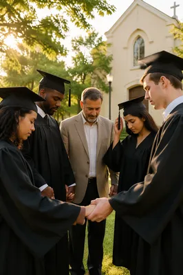 Graduates Praying in Church Lawn Circle