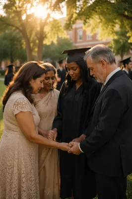 Graduates Praying with Family on Lawn