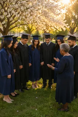 Graduates Praying on Spring Lawn