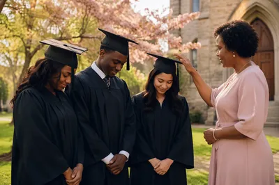 Graduates Receiving Blessing in Church Courtyard