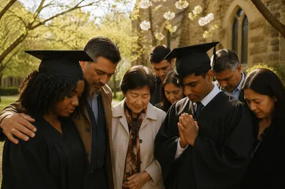 Graduates Praying in Church Courtyard Morning