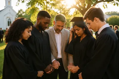 Graduates Praying on Church Lawn
