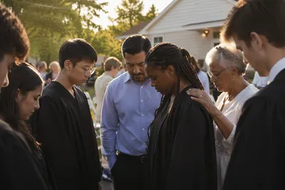 Graduates in Prayer After Ceremony