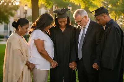 Graduates Praying With Family on Campus Lawn