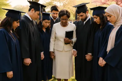 Graduates Praying on Spring Lawn