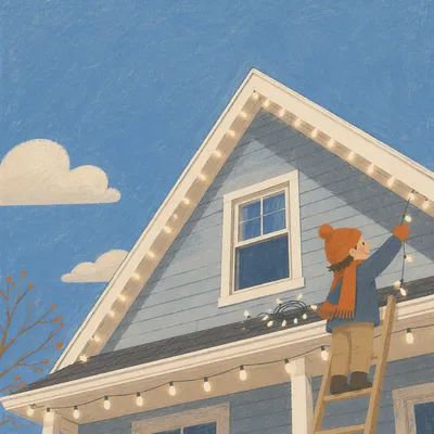 Christmas Lights Hanging on Rooftop Gable