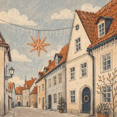 Christmas Lights Hanging on Rooftop Street