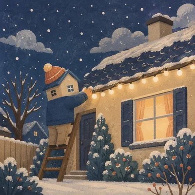 Hanging Christmas Lights on Snowy Rooftop