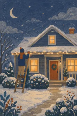 Christmas Lights on Snowy Rooftop Evening